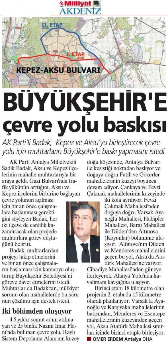 Milliyet Akdeniz - Büyükşehir'e Çevre Yolu Baskısı - 14 Ekim 2013